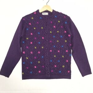 Phil Rose of California Vintage Purple Wool Floral Popcorn Knit Cardigan Small